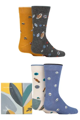 Kids 4 Pair Thought Zephyr Organic Cotton Space Gift Boxed Socks Multi 7-9 Years