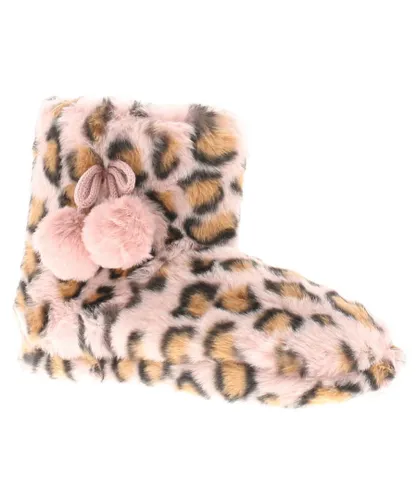 Kisses Girls Slipper penny bootee Leopard Pom Pom Print Pink Assorted - Multicolour Textile