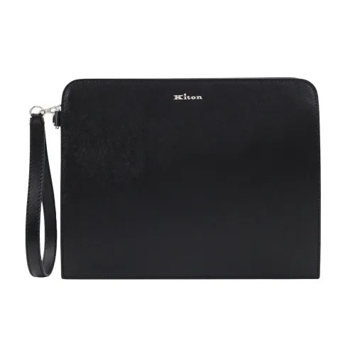 Kiton , Black Leather Clutch with Zip Closure ,Black male, Sizes: ONE SIZE