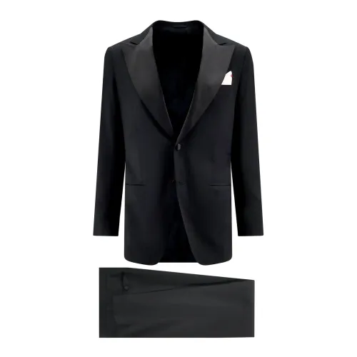Kiton , Black Satin Lapel Blazer Suit ,Black male, Sizes:
