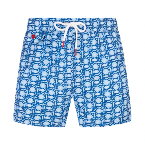 Kiton , Blue Fish Pattern Swim Shorts ,Blue male, Sizes: