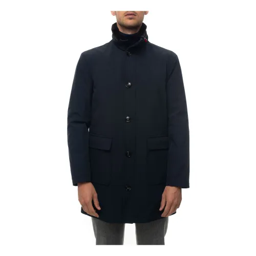 Kiton , Blue Jacket with Removable Fur and Elbow Patches ,Blue male, Sizes: