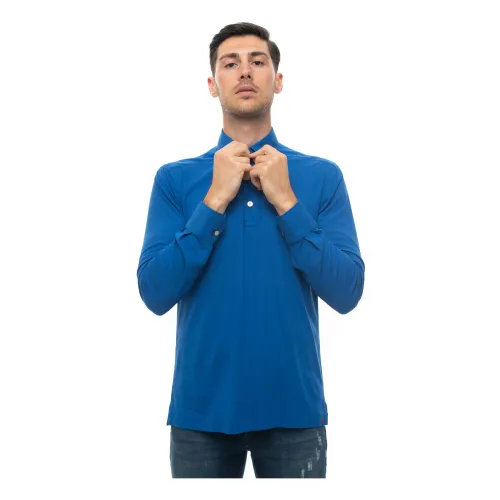 Kiton , Cornflower Blue Long Sleeve Polo Shirt ,Blue male, Sizes: