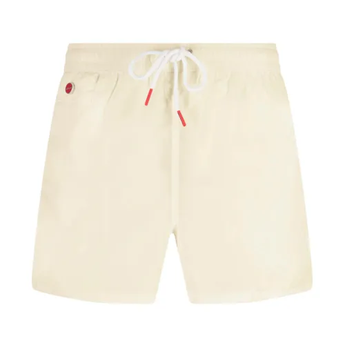 Kiton , Cream Swim Shorts with Logo Appliqué ,White male, Sizes: