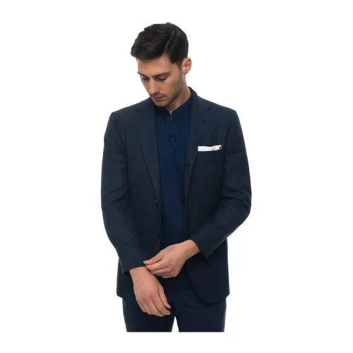 Kiton , Handmade Deconstructed Blazer with 3 Buttons ,Blue male, Sizes: