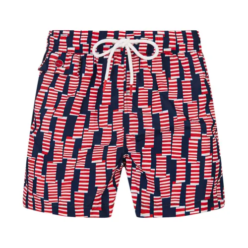 Kiton , Navy Blue Windsock Print Swim Shorts ,Red male, Sizes:
