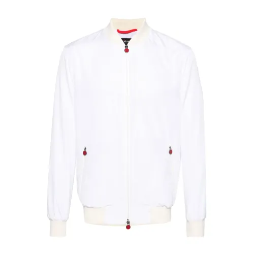 Kiton , White Lightweight Ribbed Band Collar Coat ,White male, Sizes: