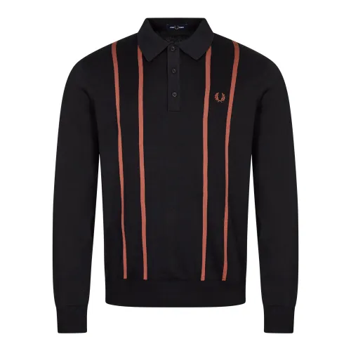 Knitted Vertical Stripe Polo Shirt - Black