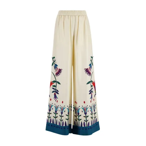 La DoubleJ , Floral-Placement Palazzo Silk Pants ,White female, Sizes: