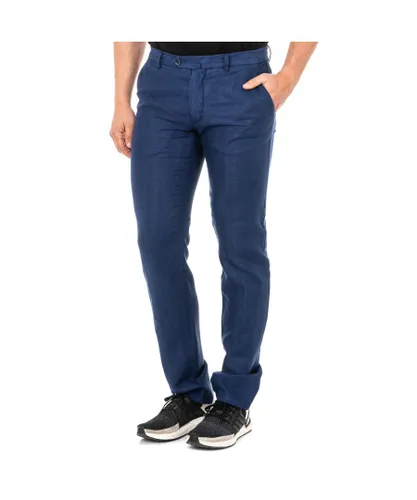 La Martina Mens long checkered trousers with straight cut hems JMTA03 - Blue Cotton