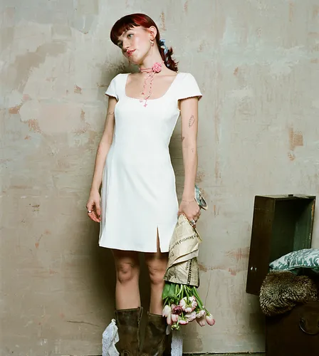 Labelrail x Lara Adkins square neck rose detail mini dress in cream-White