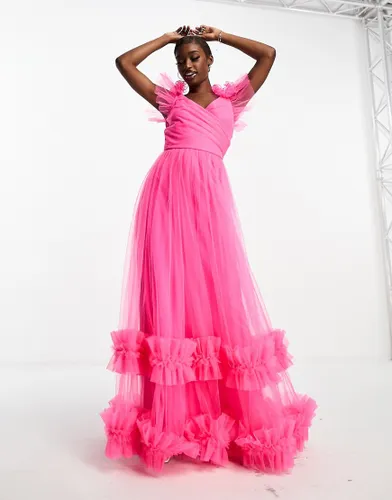 Lace and Beads tulle maxi dress with frill detail in bright pink