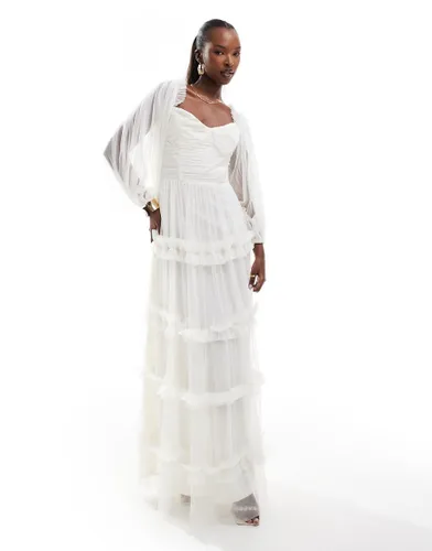 Lace & Beads balloon sleeve ruffle maxi dress in ivory-White