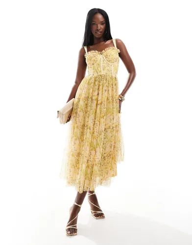 Lace & Beads corset midi dress in yellow floral