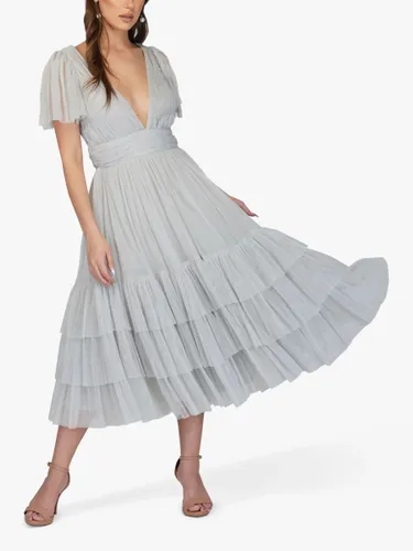 Lace & Beads Maddison V-Neck Layered Skirt Midi Dress - Light Grey - Female