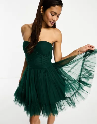 Lace & Beads wrapped corset tulle mini dress in emerald-Green
