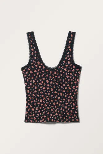 Laced Fitted Pointelle Tank Top - Black