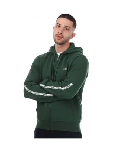Lacoste Mens Branded Bands Zippered Fleece Hoody in Green Cotton