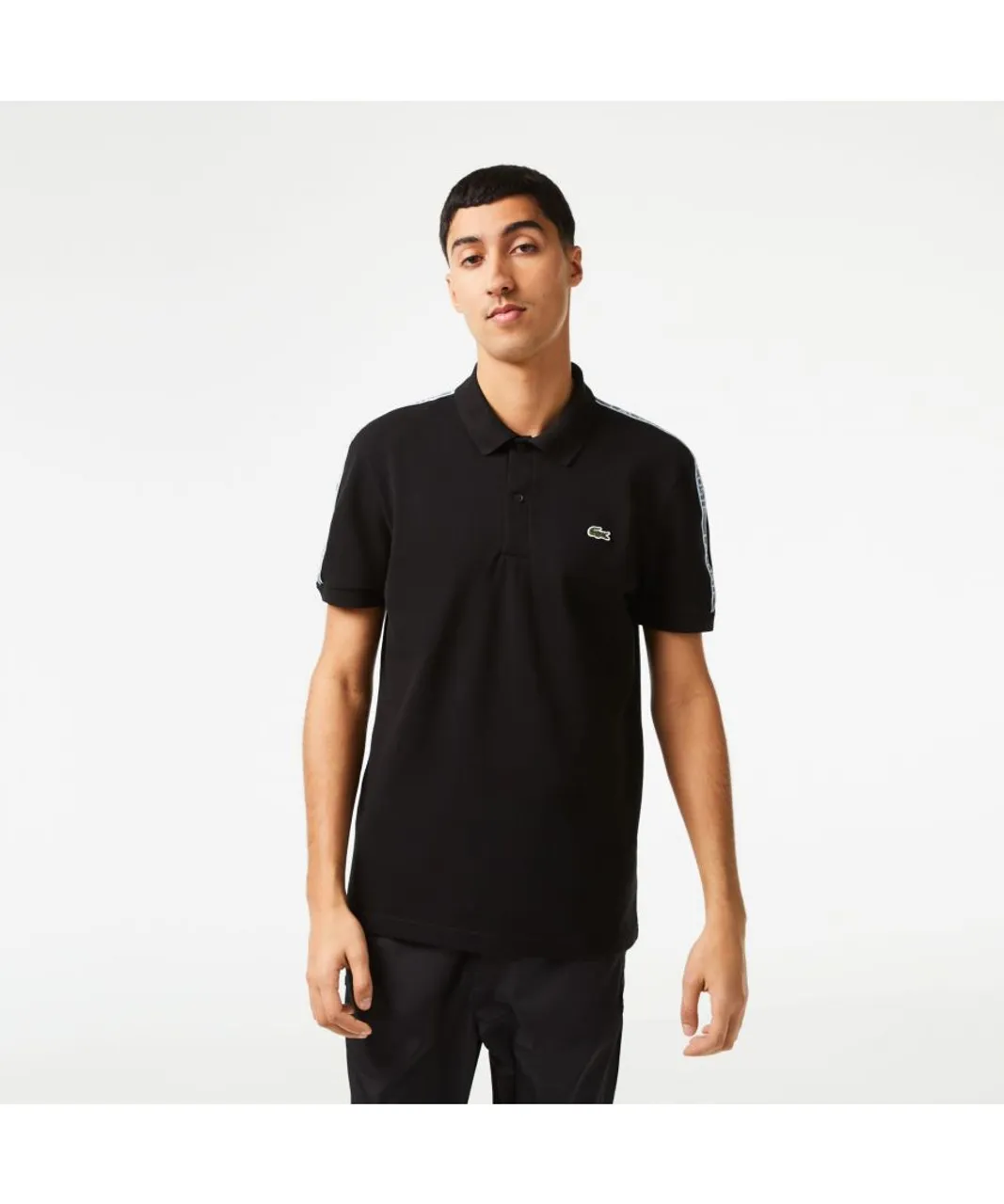 Lacoste Mens Short Sleeve Tape Pique Polo Shirt in Black Cotton