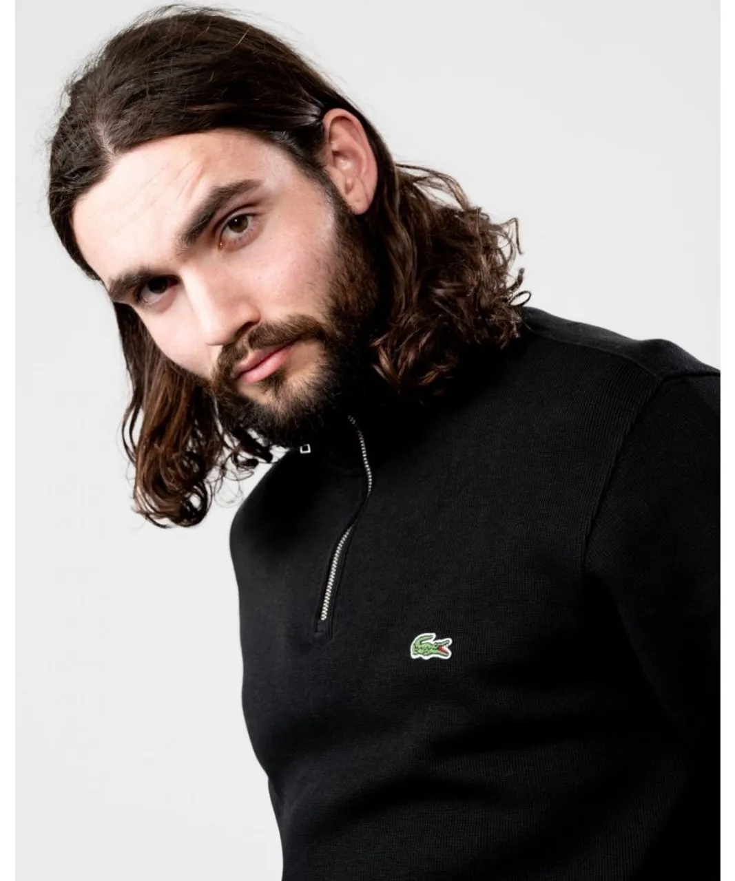 Lacoste Mens Zippered Stand-Up Collar Cotton Sweatshirt - Black