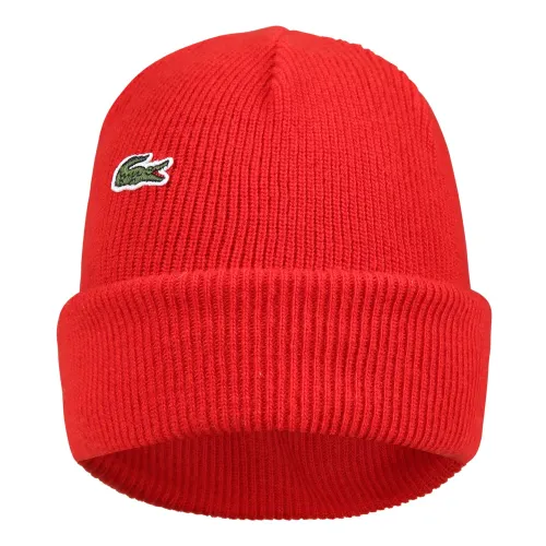 Lacoste , Ribbed Red Wool Hat with Crocodile Logo ,Red unisex, Sizes: ONE