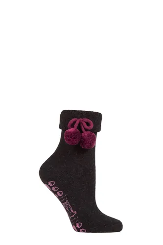 Ladies 1 Pair Elle Wool Mix Slipper Socks with Pompoms Black /  Purples 4-8 Ladies