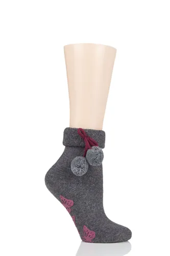 Ladies 1 Pair Elle Wool Mix Slipper Socks with Pompoms Charcoal 4-8 Ladies