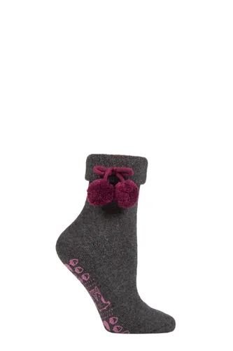 Ladies 1 Pair Elle Wool Mix Slipper Socks with Pompoms Charcoal /  Purple 4-8 Ladies