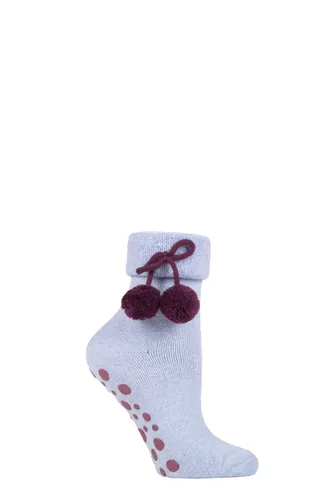 Ladies 1 Pair Elle Wool Mix Slipper Socks with Pompoms Kentucky Blue 4-8 Ladies