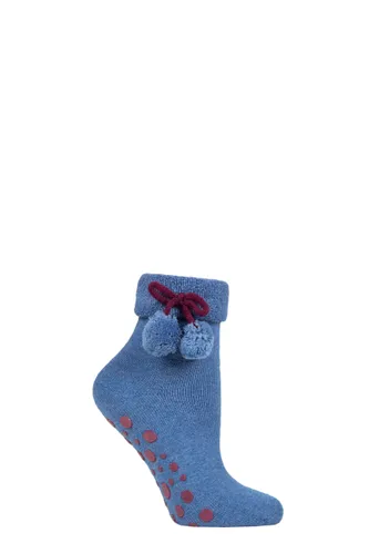 Ladies 1 Pair Elle Wool Mix Slipper Socks with Pompoms Vista Blue / Purple 4-8 Ladies