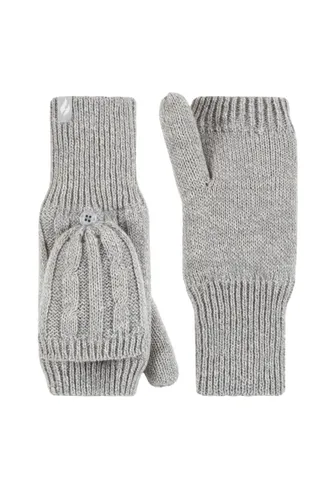 Ladies 1 Pair SOCKSHOP Heat Holders Ash Cable Knit Converter Mittens Light Grey One Size