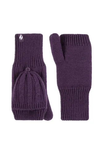 Ladies 1 Pair SOCKSHOP Heat Holders Ash Cable Knit Converter Mittens Purple One Size