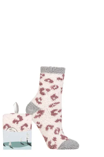 Ladies 1 Pair SOCKSHOP Wildfeet Gift Boxed Fluffy Slipper Socks Leopard Print 4-8 Ladies