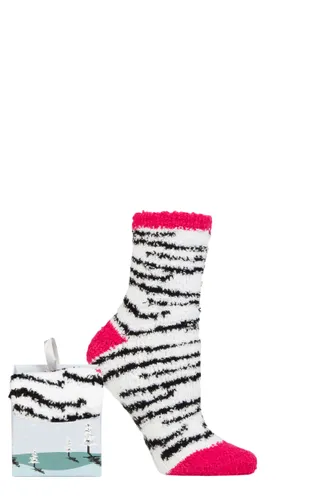Ladies 1 Pair SOCKSHOP Wildfeet Gift Boxed Fluffy Slipper Socks Zebra Stripes 4-8 Ladies