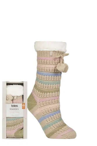 Ladies 1 Pair Totes Texture Stripe Wool Slipper Socks with Pom Poms Cream 4-8 Ladies