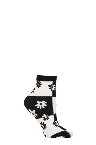 Ladies 1 Pair Trasparenze Chamomile Floral Check Socks Black / White One Size