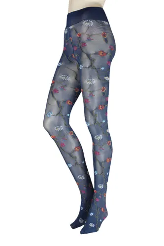 Ladies 1 Pair Trasparenze Platino Floral Knit Opaque Tights Blue Large
