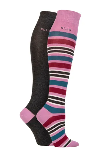 Ladies 2 Pair Elle Bamboo Striped and Plain Knee High Socks Smokey Pink 4-8