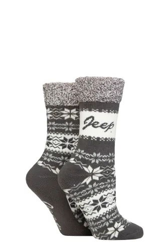 Ladies 2 Pair Jeep Fairisle Thermal Soft Top Boot Socks Slate / Cream 4-8