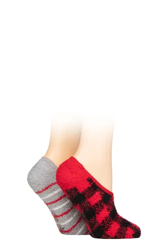 Ladies 2 Pair SOCKSHOP Wildfeet Animal and Patterned Cosy Slipper Socks with Grip Red Checker and Stripes 4-8 UK