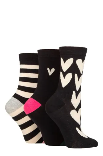 Ladies 3 Pair Caroline Gardner Patterned Cotton Socks All Over Hearts Black UK 4-8