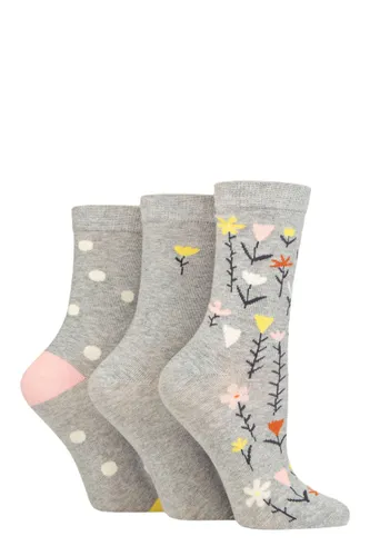 Ladies 3 Pair Caroline Gardner Patterned Cotton Socks Floral Light Grey UK 4-8