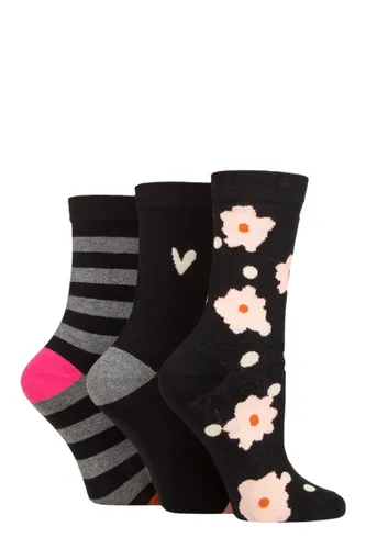 Ladies 3 Pair Caroline Gardner Patterned Cotton Socks Flower and Spot Black 4-8 Ladies