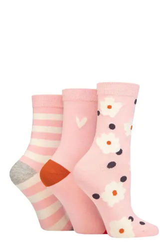 Ladies 3 Pair Caroline Gardner Patterned Cotton Socks Flower and Spot Pink 4-8 Ladies