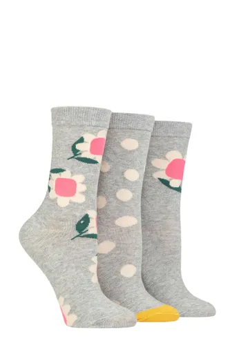 Ladies 3 Pair Caroline Gardner Patterned Cotton Socks Grey Flowers 4-8 Ladies