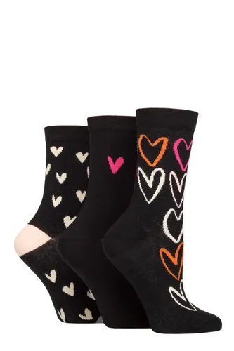 Ladies 3 Pair Caroline Gardner Patterned Cotton Socks Heart Outline Black 4-8 Ladies