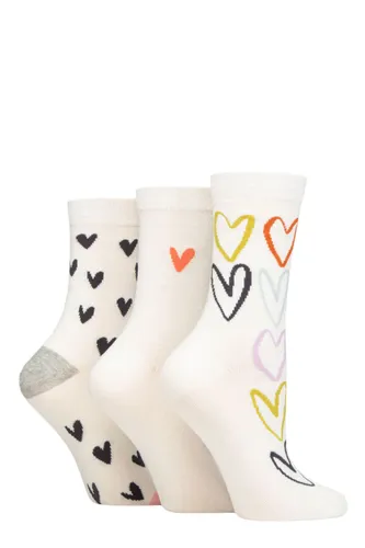 Ladies 3 Pair Caroline Gardner Patterned Cotton Socks Heart Outline White 4-8 Ladies