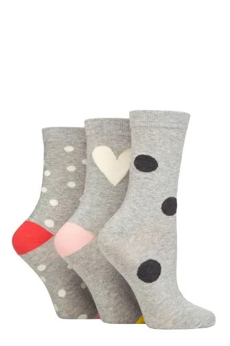 Ladies 3 Pair Caroline Gardner Patterned Cotton Socks Spots and Heart Light Grey 4-8