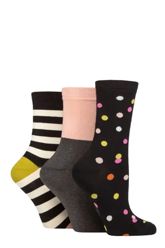Ladies 3 Pair Caroline Gardner Patterned Cotton Socks Spots / Stripes Black 4-8