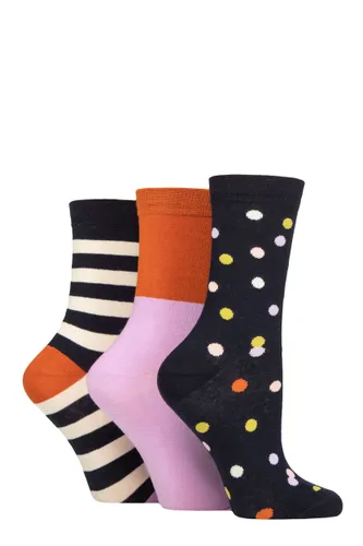 Ladies 3 Pair Caroline Gardner Patterned Cotton Socks Spots / Stripes Navy 4-8